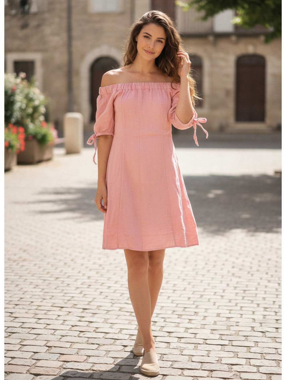 SFIZIO Pink Off-Shoulder Midi Dress with Tie Sleeves
